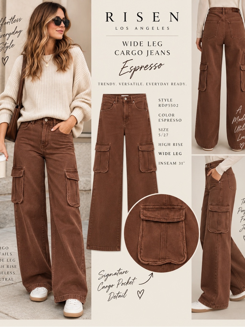 RISEN Espresso Cargo Jeans High Rise Wide Leg Size 5/27 NWT